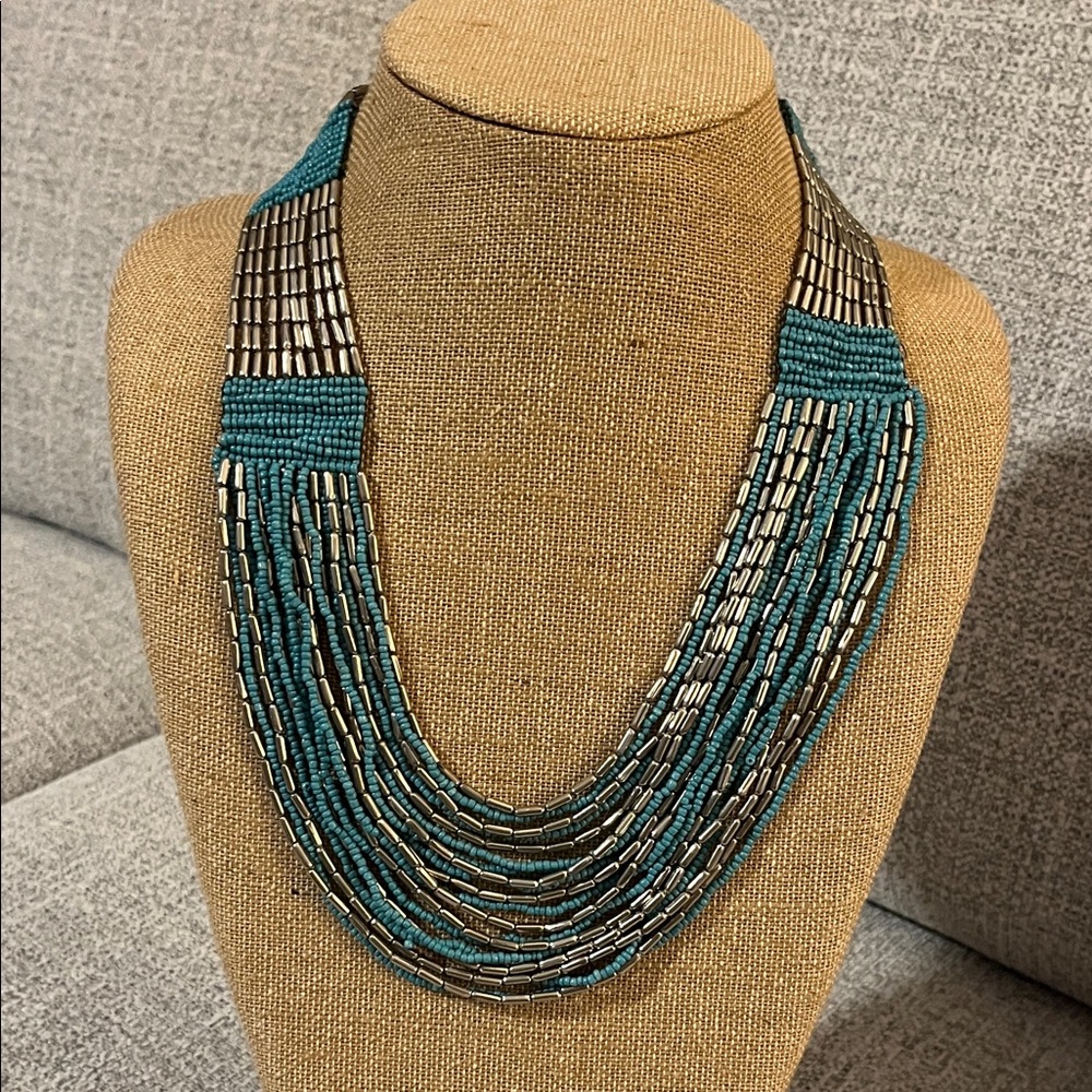Multi Strand Faux‎ Turquoise and Silver Tone Beaded Necklace